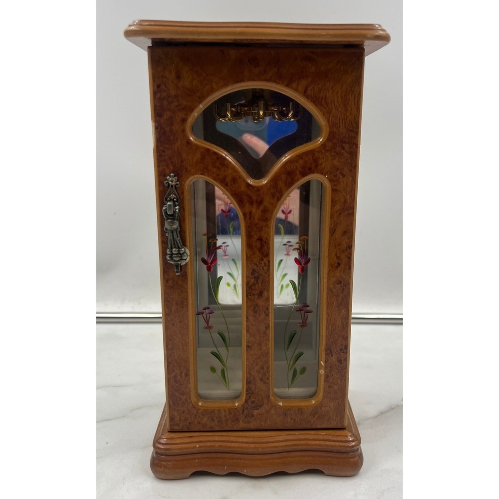 Vintage London Leather Burlwood Jewelry Necklace Storage Box Glass Doors Mirror